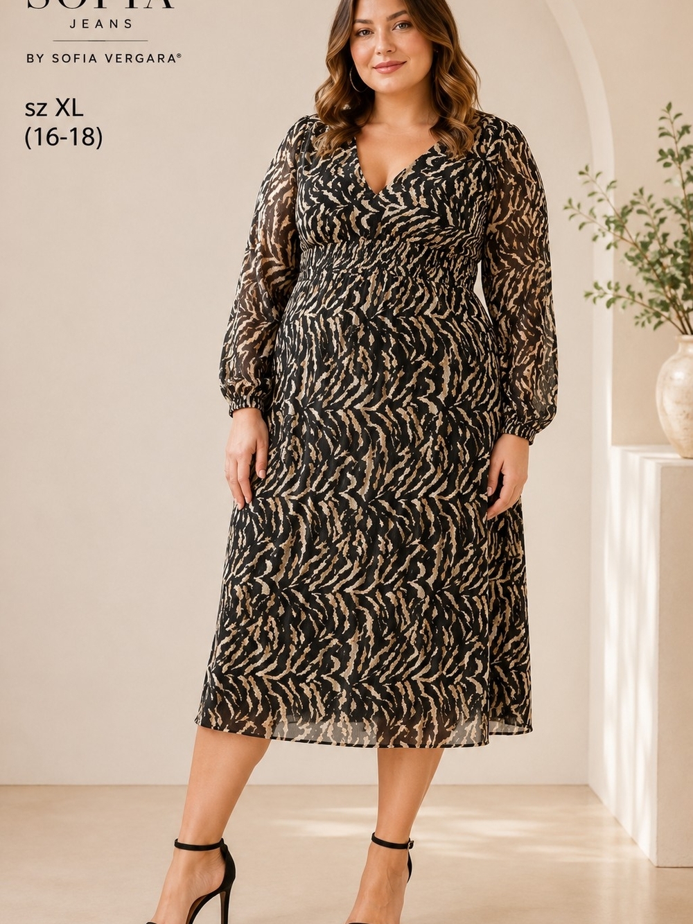 Sofia Vergara Black & Tan Printed Midi Dress - XL